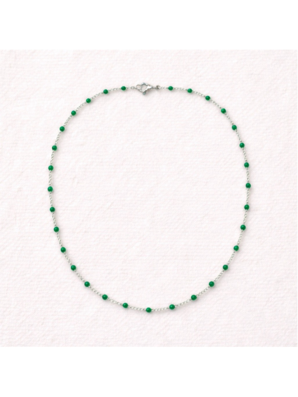Necklace - 18” Stainless Steel Silver tone Necklace with Green Bead Accents - Picture 5 of 5